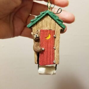 Christmas Ornament Outhouse with Bear and mini toilet paper roll, Cabin